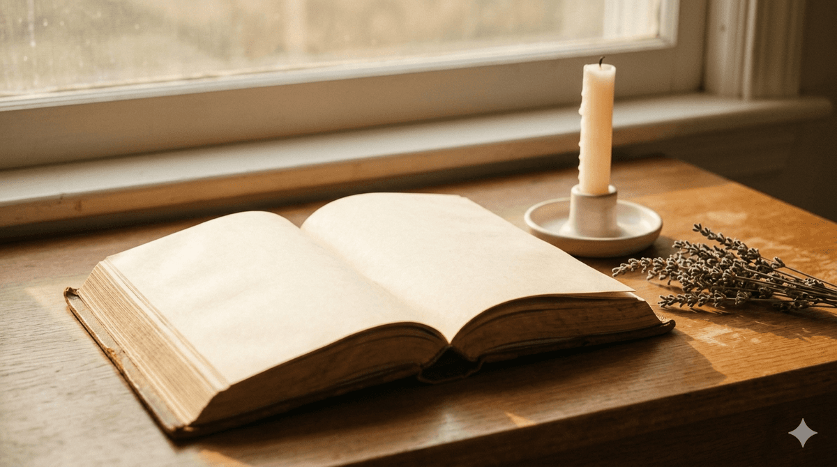 Open book with candle and dried lavender